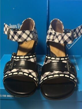John Fluevog Black & White Plaid Ankle-Strap Heels